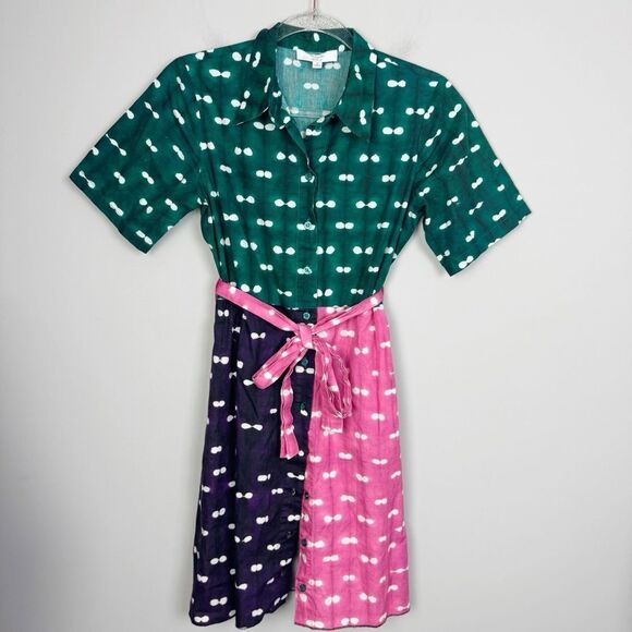 BUSAYO COLLECTIVE | Colorblock Polka Dot Belted Mini Shirt Dress Women’s Size 2 - Picture 4 of 11